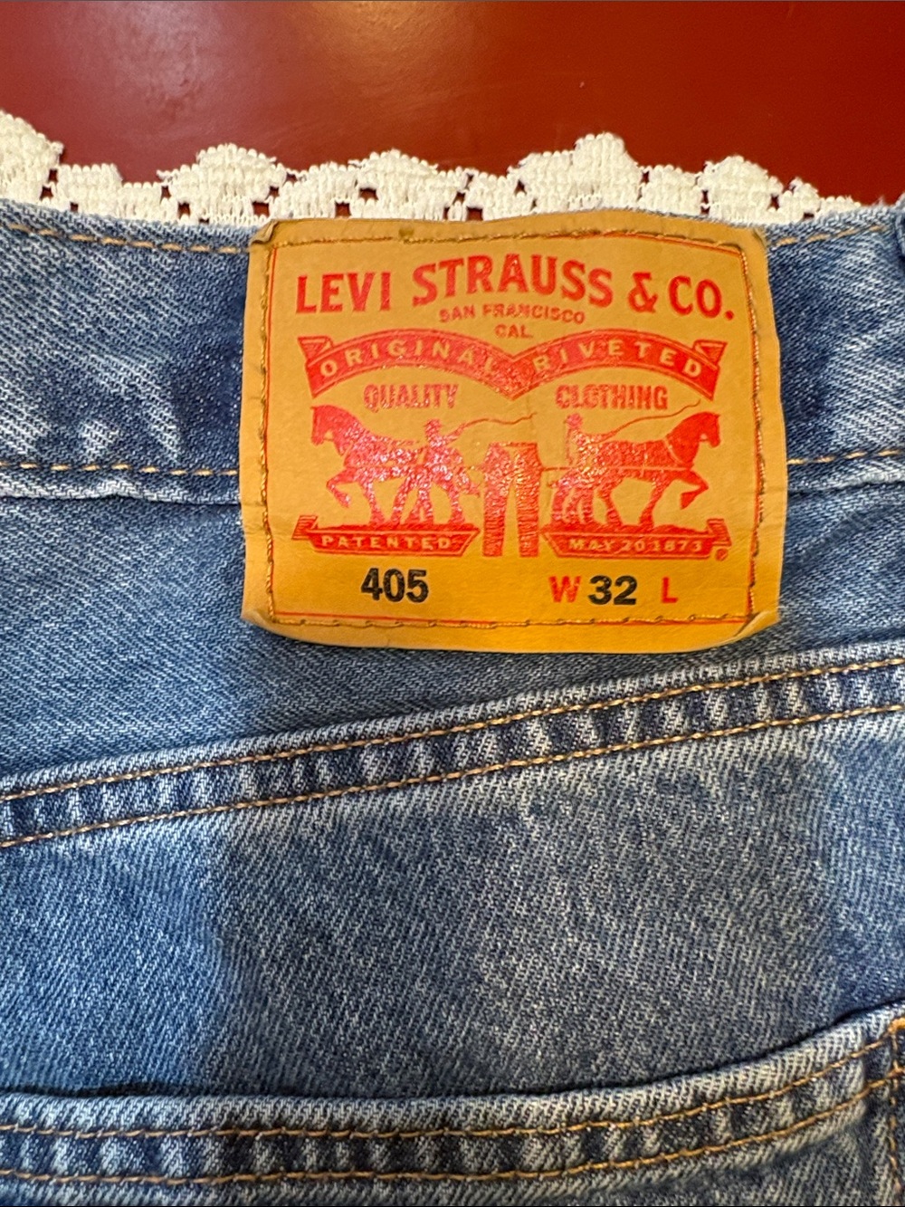 Levi's 405 Denim Shorts in Light Blue with Tan Patch